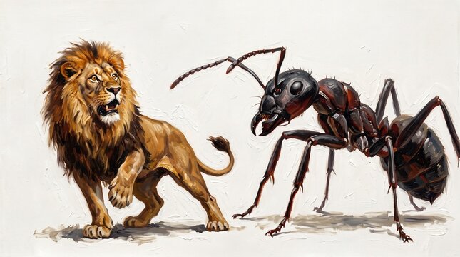 Epic confrontation between a powerful male lion and a colossal giant ant in a surreal battle scene