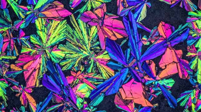 Vibrant microscopic view of colorful citric acid crystals under polarized light showing a complex kaleidoscopic pattern of neon pink blue and green geometric shapes in a dark background