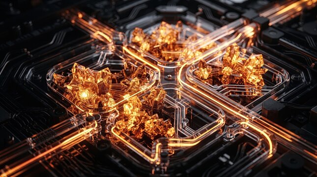 A futuristic high tech computer motherboard featuring glowing golden crystalline structures and intricate energy pathways that represent advanced artificial intelligence and quantum computing