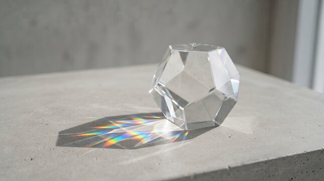 A clear faceted glass dodecahedron sits on a textured concrete surface while bright sunlight passes through the crystal to create a beautiful rainbow spectrum refraction in the shadow