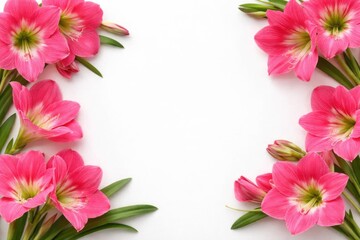 Fototapeta premium Pink Amaryllis Flowers Framing a White Background in Natural Light