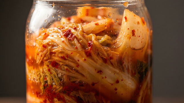 Spicy and flavorful kimchi in a glass jar, showcasing a traditional korean dish with red pepper flakes. Perfect for food blogs and culinary designs.