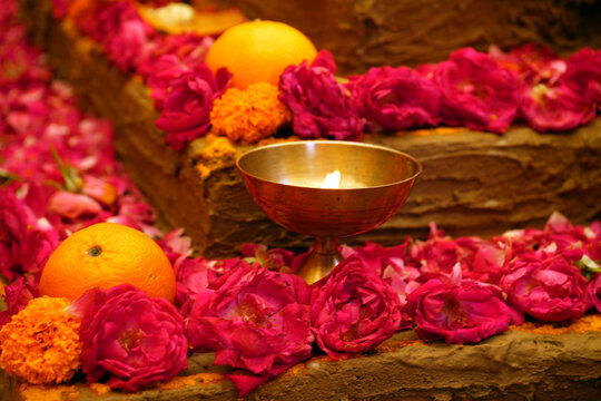 Havan kund fire altar. Hindu fire ritual Agni Homam, Yajna,  Pooja.