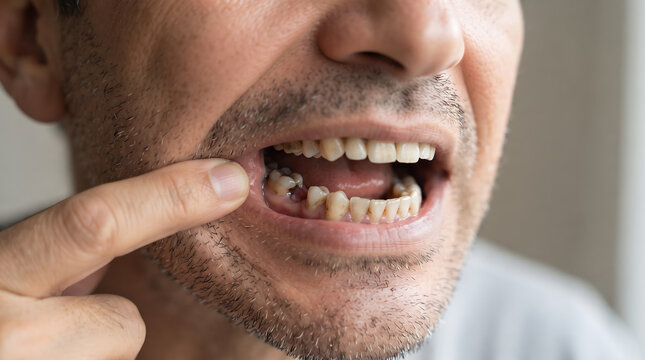 Man pointing at damaged lower teeth showing dental decay and issues with dentistry examination treatment stomatology clinical appointment diagnosis wellness