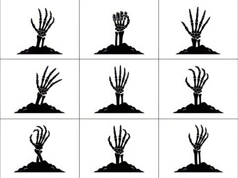 Nine black silhouettes of skeletal hands emerging from mounds of earth halloween themed illustration silhouette