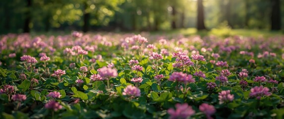 Fototapeta premium Sunlit Meadow Filled with Pink Flowers and Green Leaves in a Forest