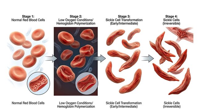 Veterans day educational diagram explaining the stages of sickle cell disease showing red blood cell transformation with transformation pathology hematology