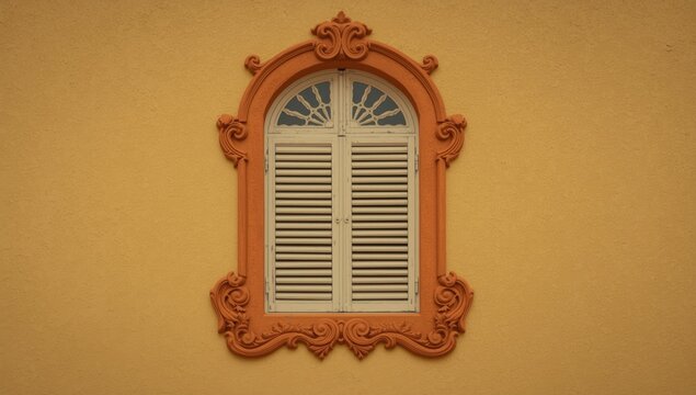 Decorative Window with Shutters on a Yellow Wall