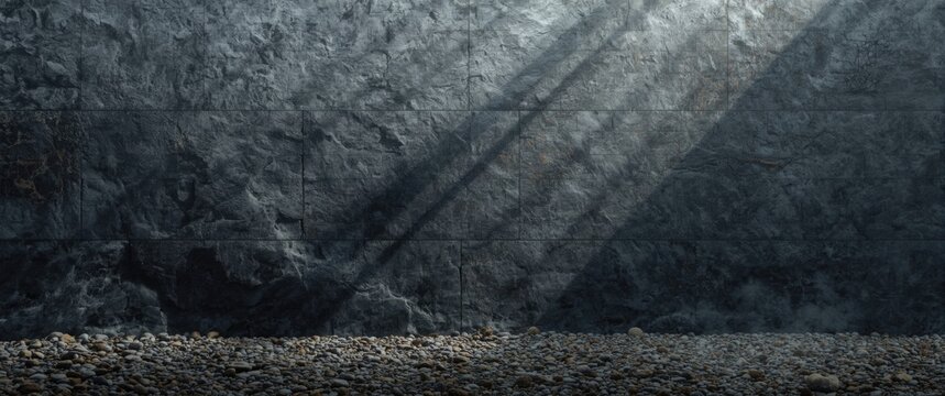 Textured Stone Wall with Light Rays and Gravel Floor in a Dark Setting
