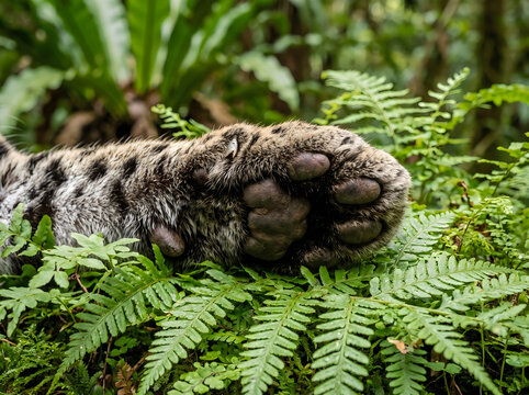 Close-up of clouded leopard's paw resting on bed of green ferns, detailed fur and fern texture, soft natural light