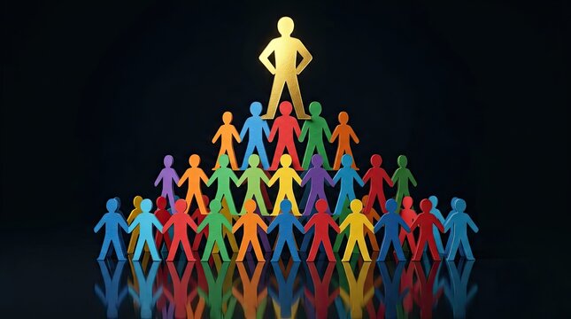 Veterans day leader silhouette standing atop a pyramid of diverse colorful people with leadership teamwork business management hierarchy authority community