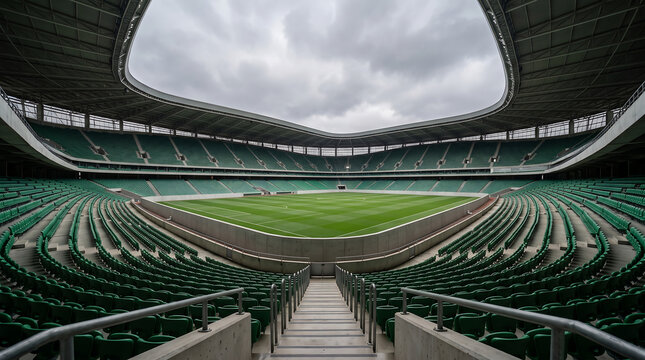 Elevated perspective of empty stadium seating rows facing a large green soccer field under a cloudy sky with football championship competition professional bleachers