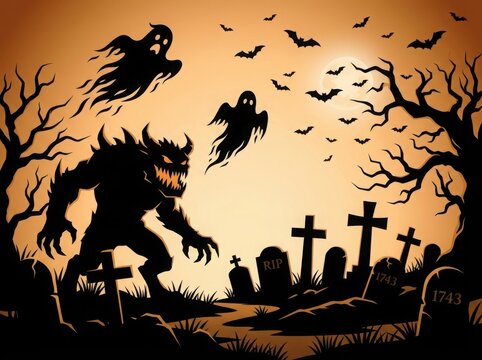 Spooky halloween scene with werewolf ghosts bats and graveyard silhouette against an orange moon
