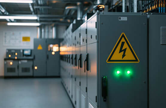 Industrial electrical control panels with a yellow lightning hazard sign. This highlights power management and.