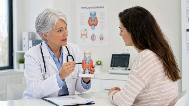 Woman doctor showing thyroid model to young woman patient in clinical office. Medical consultation regarding endocrine system. Endocrinology health checkup and diagnostic examination.