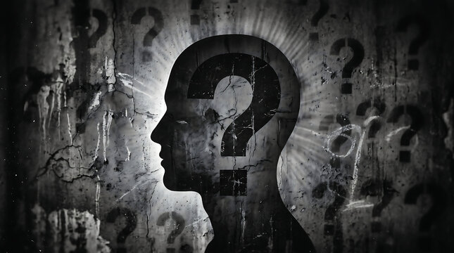 Conceptual human head silhouette featuring large central question mark with multiple surrounding marks on distressed dark wall background depicting intellectual curiosity.