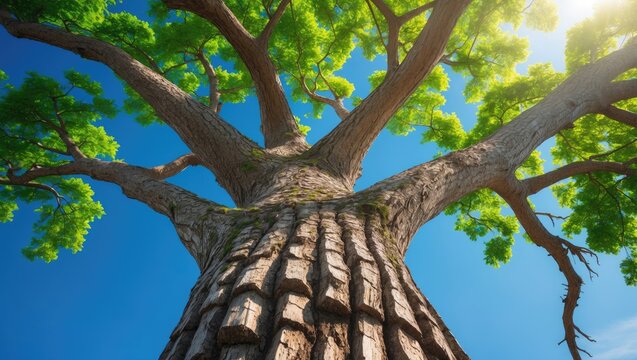 Majestic Tree Viewed from Below with Lush Green Foliage Against a Clear Blue Sky