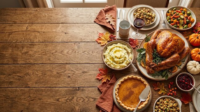 Traditional thanksgiving dinner feast on rustic wooden table with roasted turkey and sides, mashed potatoes