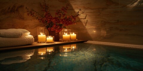 Obraz premium Serene Spa Setting with Candles and Flowers Reflecting in Water