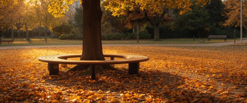 Tree Surrounded by a Circular Bench in an Autumn Park with Fallen Leaves
