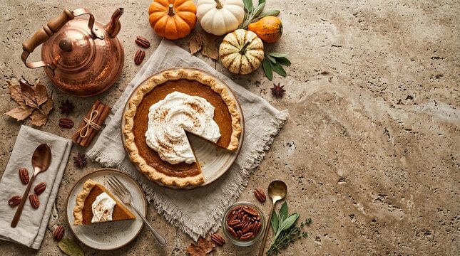 Homemade pumpkin pie with whipped cream on rustic table with mini pumpkins and copper kettle thanksgiving homemade