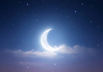Naklejka premium 宵闇の銀月、雲間を漂う星々