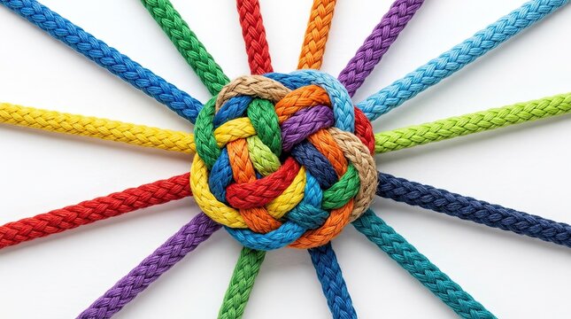 Veterans day interconnected multi colored ropes tied in central knot with connection teamwork diversity colorful collaboration together communication strength