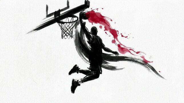 Sumi-e style silhouette illustration of a basketball player dunking