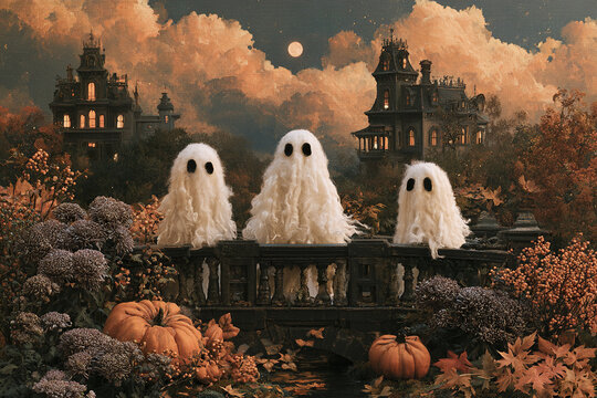 Cute fiber art ghost trio posing on enchanted bridge surrounded by autumn pumpkins and flowers under full moon