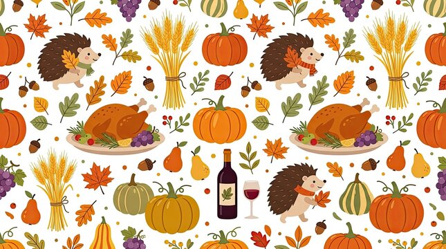 Seamless pattern of roasted turkey pumpkins wheat and cute hedgehogs with thanksgiving seamless hedgehog seasonal