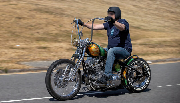 Milton Keynes,UK - Aug 2nd 2026:  Man riding a custom Harley Davidson chopper  motorcycle driving on a British road