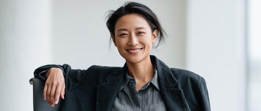 Professional smiling businesswoman portrait in dark blazer and striped shirt for corporate profile headshot and website banner with relaxed pose in bright modern office