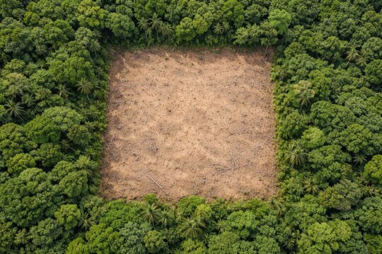 Cleared Land Area Surrounded by Dense Lush Forest Canopy from Above