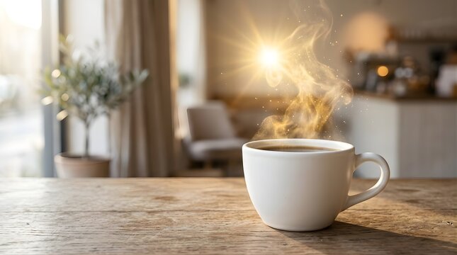 White cup of hot coffee with golden steam on a wooden table in a cafe