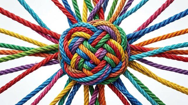 Veterans day intricate knot of multi-colored ropes radiating outward against a clean white background with colorful connected teamwork structure intertwined
