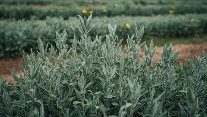 Fototapeta premium Lush Greenery of Shrubs in a Farm Field during Overcast Weather