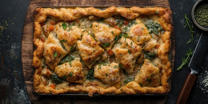 Savory Chicken Pot Pie Freshly Baked on a Rustic Wooden Board with Herbs