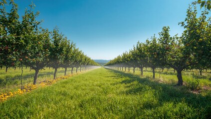 Fototapeta premium Apple Orchard Pathway with Lush Green Grass Under Clear Blue Sky