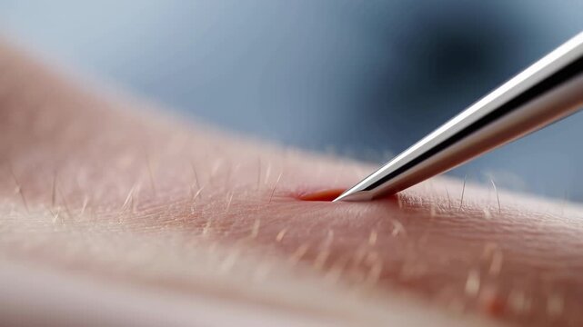 Polished metal needle tip presses into skin stubble in clinical close-up, creating localized redness, subtle indentation, bent hairs, soft reflections, shallow depth of field