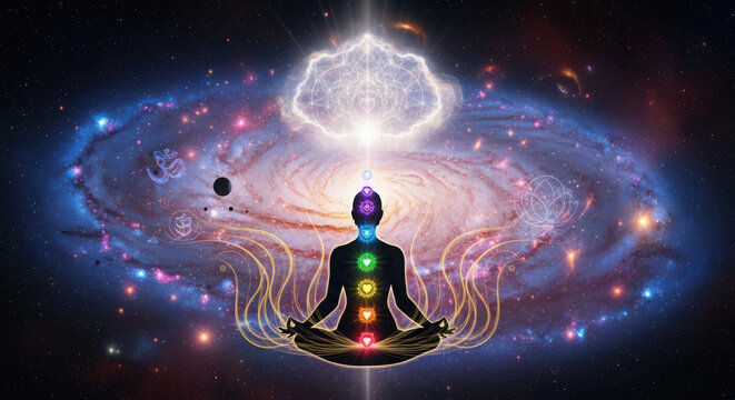 Meditating silhouette person floating in deep space featuring glowing colorful chakra energy points with intricate light patterns against a beautiful swirling spiral galaxy background visualization