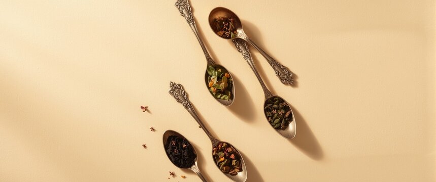 Vintage Silver Spoons Filled with Herbs and Spices on a Beige Background