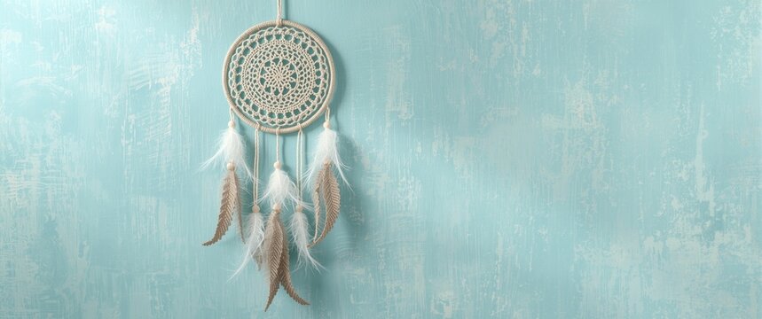 Dreamcatcher Hanging on a Soft Blue Textured Wall with Feathers