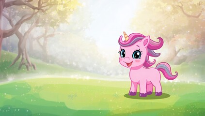 Fototapeta premium Pink Unicorn with a Sparkling Horn in a Magical Forest Clearing