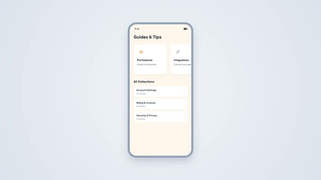 Help Center User Interface Mobile App Animation Clean Minimal Dashboard Guides and Tips Menu Display