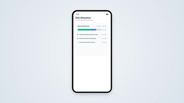 Disk Allocation Bar Chart Dashboard on Smartphone UI for Internal Flash Drive Storage Monitoring and Device Memory Usage Presentation