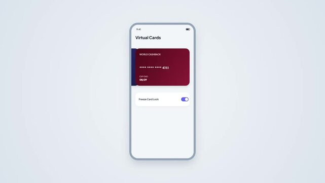 Virtual Card Management Mobile App Interface with Credit Card Slide Action and Freeze Card Lock Toggle Button for Financial Security Dashboard Presentation