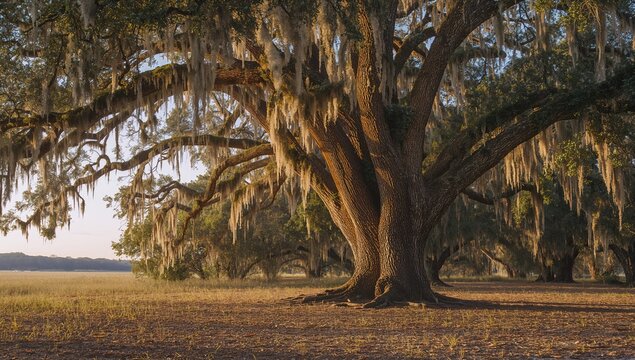 Majestic Oak Tree Draped in Spanish Moss at Sunset in a Southern Landscape