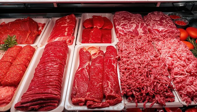 Assorted Cuts of Fresh Red Meat Displayed in a Supermarket Fridge