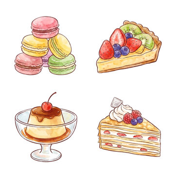 Cute Watercolor Dessert Collection with Macarons, Fruit Tart, Pudding and Mille Crepe Cake