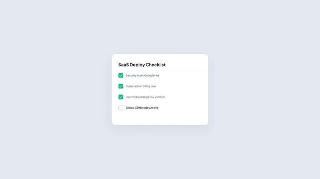 SaaS Deploy Checklist Interactive UI Animation with Green Checkmarks and Completion Success Message